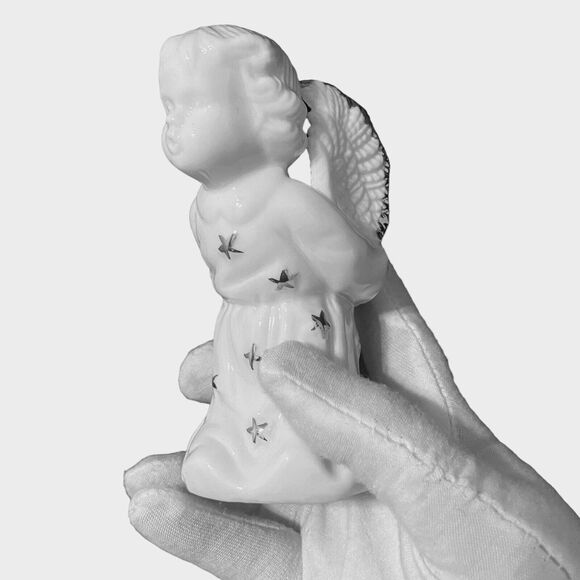 Angel Figurine White Ceramic Porcelain Gold Trim Candle Holder 4 6/8 in Vintage - Picture 10 of 10